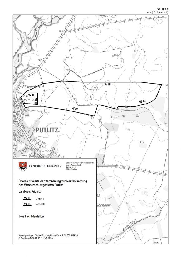 Anlage 3 Übersichtskarte der Verordnung zur Festsetzung des Wasserschutzgebietes Putlitz